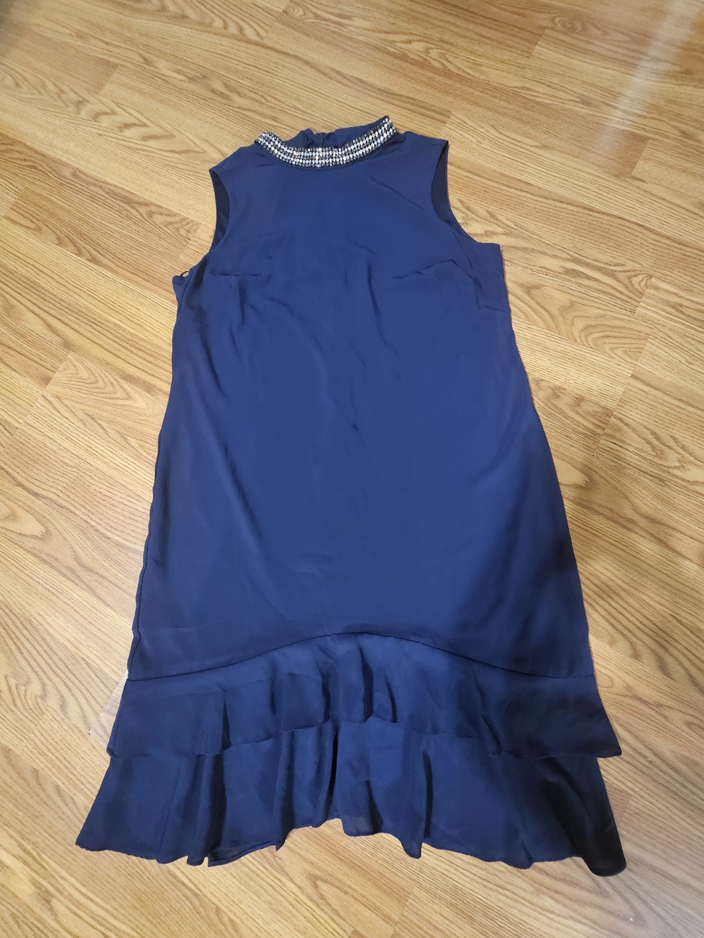 Donna Ricco Navy Sleeveless Ruffle-Hem Dress with Beaded Collar